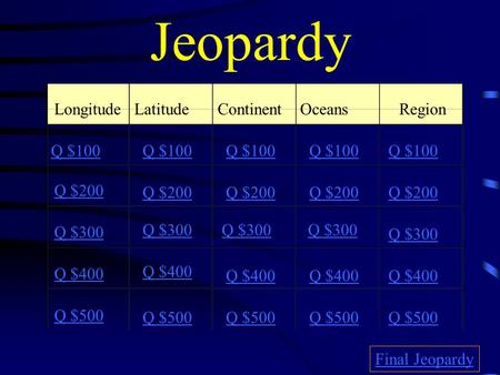 Jeopardy LongitudeLatitudeContinentOceans Region Q $100 Q $200 Q $300 Q $400 Q $500 Q $100 Q $200 Q $300 Q $400 Q $500 Final Jeopardy.