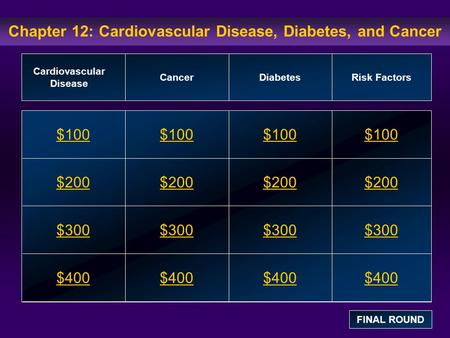 Chapter 12: Cardiovascular Disease, Diabetes, and Cancer $100 $200 $300 $400 $100$100$100 $200 $300 $400 Cardiovascular Disease CancerDiabetesRisk Factors.