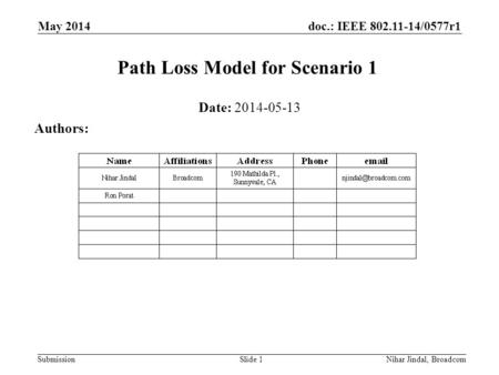 Doc.: IEEE 802.11-14/0577r1 Submission May 2014 Nihar Jindal, Broadcom Path Loss Model for Scenario 1 Date: 2014-05-13 Authors: Slide 1.