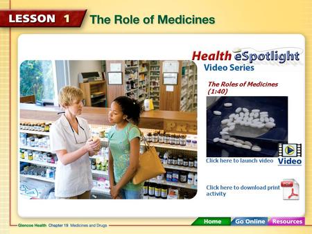 The Roles of Medicines (1:40) Click here to launch video Click here to download print activity.