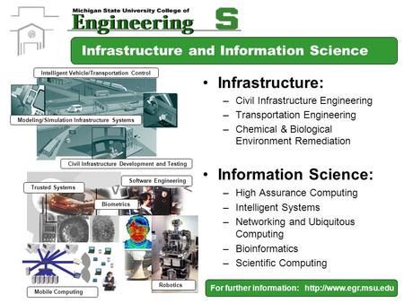 For further information:  Infrastructure and Information Science Infrastructure: –Civil Infrastructure Engineering –Transportation.