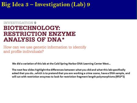 Big Idea 3 – Investigation (Lab) 9 We did a variation of this lab at the Cold Spring Harbor DNA Learning Center West… The next few slides highlight the.