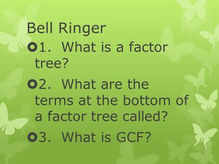 Bell Ringer  1. What is a factor tree?  2. What are the terms at the bottom of a factor tree called?  3. What is GCF?