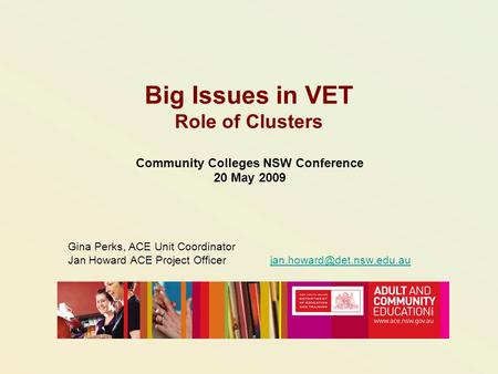 Big Issues in VET Role of Clusters Community Colleges NSW Conference 20 May 2009 Gina Perks, ACE Unit Coordinator Jan Howard ACE Project Officer