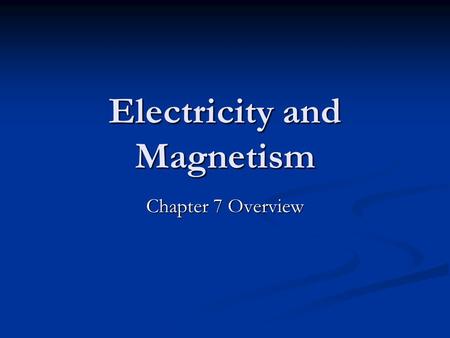 Electricity and Magnetism Chapter 7 Overview. Electricity Charge of proton Positive Charge of proton Positive Charge of electron Negative Charge of electron.