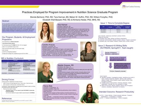 Practices Employed for Program Improvement in Nutrition Science Graduate Program Brenda Bertrand, PhD, RD; Tara Harman, BS; Melani W. Duffrin, PhD, RD;