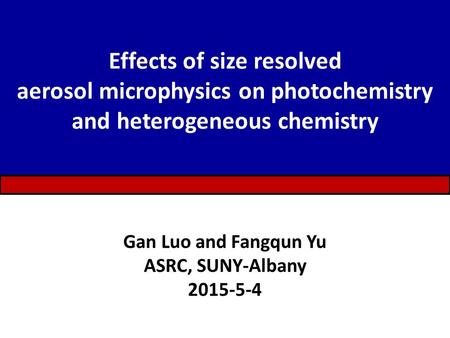 Effects of size resolved aerosol microphysics on photochemistry and heterogeneous chemistry Gan Luo and Fangqun Yu ASRC, SUNY-Albany 2015-5-4.