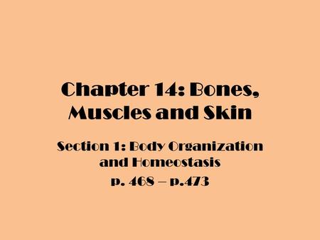 Chapter 14: Bones, Muscles and Skin Section 1: Body Organization and Homeostasis p. 468 – p.473.