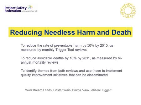Workstream Leads: Hester Wain, Emma Vaux, Alison Huggett Reducing Needless Harm and Death To reduce the rate of preventable harm by 50% by 2015, as measured.