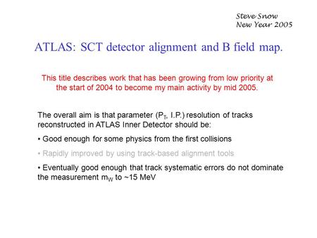 ATLAS: SCT detector alignment and B field map. Steve Snow New Year 2005 This title describes work that has been growing from low priority at the start.