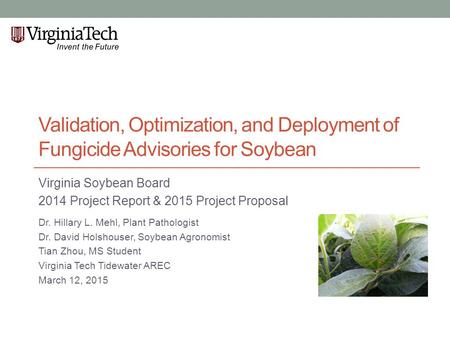 Validation, Optimization, and Deployment of Fungicide Advisories for Soybean Virginia Soybean Board 2014 Project Report & 2015 Project Proposal Dr. Hillary.