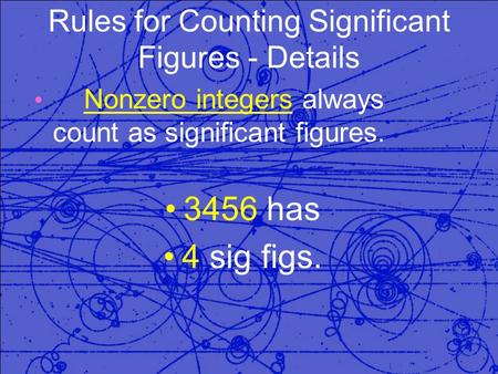 Rules for Counting Significant Figures - Details Nonzero integers always count as significant figures. 3456 has 4 sig figs.