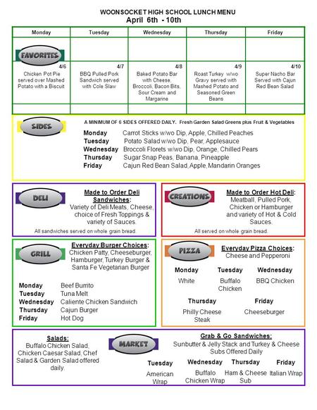 WOONSOCKET HIGH SCHOOL LUNCH MENU April 6th - 10th MondayTuesdayWednesdayThursdayFriday 4/6 Chicken Pot Pie served over Mashed Potato with a Biscuit 4/7.