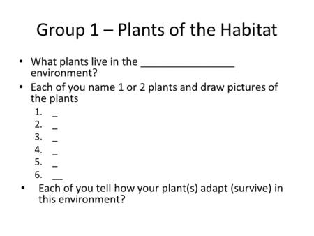 Group 1 – Plants of the Habitat What plants live in the ________________ environment? Each of you name 1 or 2 plants and draw pictures of the plants 1._.