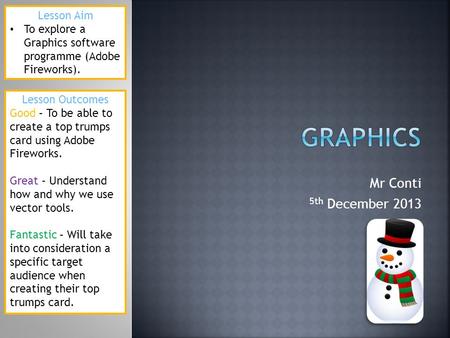 Mr Conti 5th December 2013 Lesson Aim To explore a Graphics software programme (Adobe Fireworks). Lesson Outcomes Good – To be able to create a top trumps.