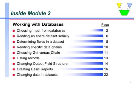 1 Inside Module 2 Working with Databases Page n Choosing input from databases2 n Reading an entire dataset serially6 n Determining fields in a dataset8.