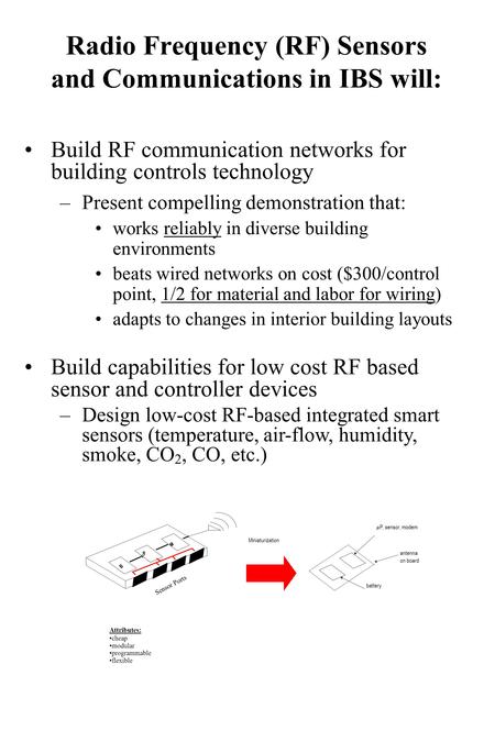 Radio Frequency (RF) Sensors and Communications in IBS will: Build RF communication networks for building controls technology –Present compelling demonstration.