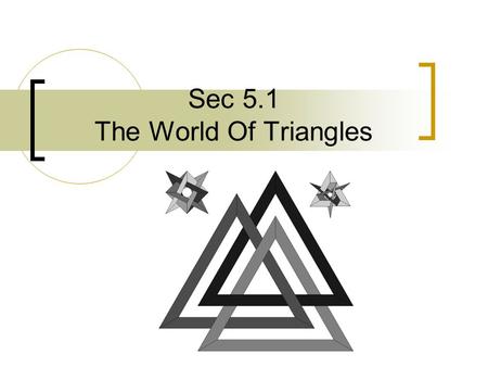 Sec 5.1 The World Of Triangles. Objectives---What we’ll learn… Identify triangles by angles (Acute, Right & Obtuse) Identify triangles by sides (Scalene,