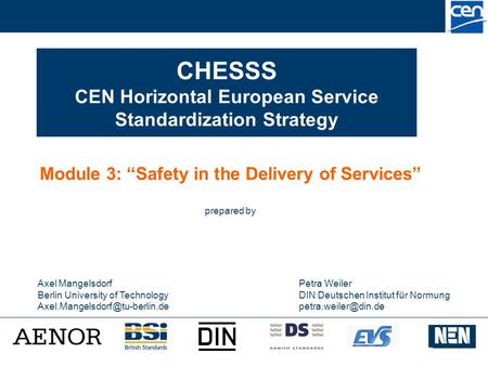 CHESSS CEN Horizontal European Service Standardization Strategy Module 3: “Safety in the Delivery of Services” prepared by Axel Mangelsdorf Berlin University.