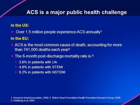 ACS is a major public health challenge In the US:  Over 1.5 million people experience ACS annually 1 In the EU:  ACS is the most common cause of death,