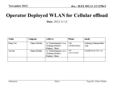 Submission doc.: IEEE 802.11-12/1258r2 November 2012 Fang Xie (China Mobile)Slide 1 Operator Deployed WLAN for Cellular offload Date: 2012-11-13.