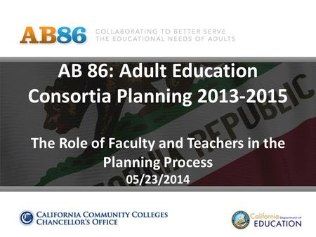 AB 86: Adult Education Consortia Planning 2013-2015 The Role of Faculty and Teachers in the Planning Process 05/23/2014.