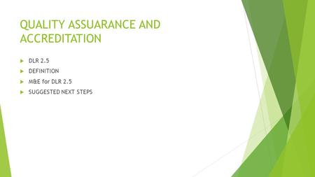 QUALITY ASSUARANCE AND ACCREDITATION  DLR 2.5  DEFINITION  M&E for DLR 2.5  SUGGESTED NEXT STEPS.