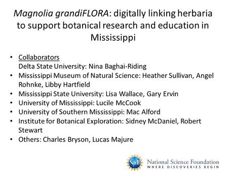 Magnolia grandiFLORA: digitally linking herbaria to support botanical research and education in Mississippi Collaborators Delta State University: Nina.