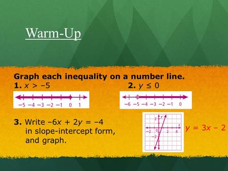 Graph each inequality on a number line. 1. x > –5 2. y ≤ 0 3. Write –6x + 2y = –4 in slope-intercept form, and graph. y = 3x – 2 Warm-Up.