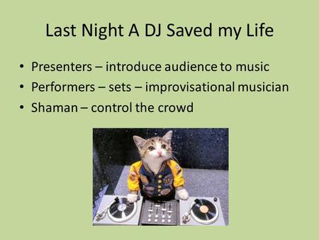 Last Night A DJ Saved my Life Presenters – introduce audience to music Performers – sets – improvisational musician Shaman – control the crowd.