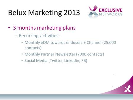 Belux Marketing 2013 3 months marketing plans – Recurring activities: Monthly eDM towards endusers + Channel (25.000 contacts) Monthly Partner Newsletter.