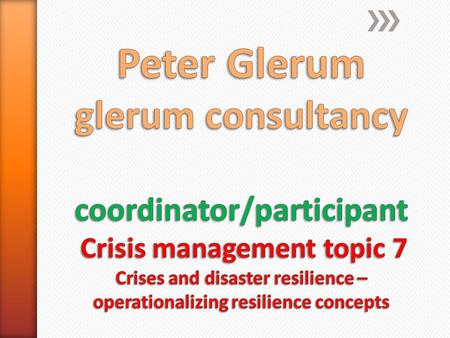 Global work packages 1.Common definitions on resilience 2.Collecting best practices 3.Establishing Resilience of: 1.Crisis management organisations 2.Critical.