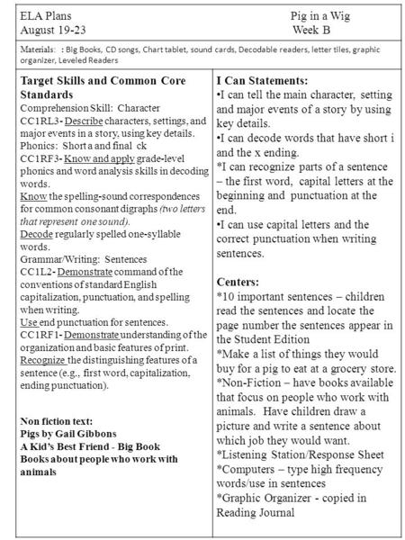Target Skills and Common Core Standards I Can Statements:
