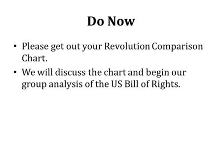 Do Now Please get out your Revolution Comparison Chart. We will discuss the chart and begin our group analysis of the US Bill of Rights.