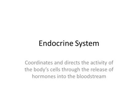 Endocrine System Coordinates and directs the activity of the body’s cells through the release of hormones into the bloodstream.