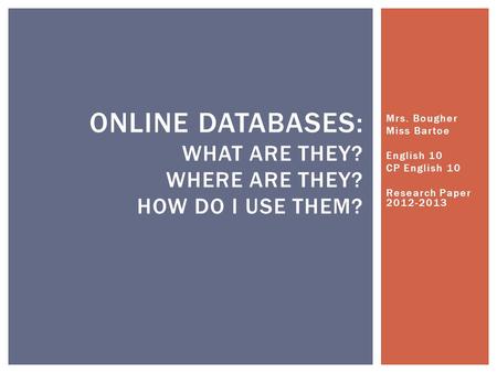 Mrs. Bougher Miss Bartoe English 10 CP English 10 Research Paper 2012-2013 ONLINE DATABASES: WHAT ARE THEY? WHERE ARE THEY? HOW DO I USE THEM?