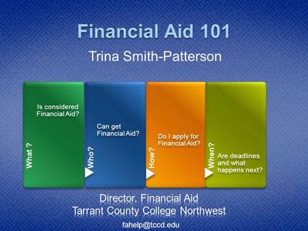 What ? Is considered Financial Aid? Who? Can get Financial Aid? How? Do I apply for Financial Aid? When? Are deadlines and what happens next? Trina Smith-Patterson.