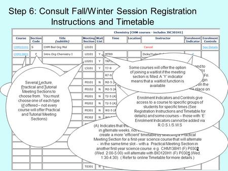 Step 6: Consult Fall/Winter Session Registration Instructions and Timetable ‘H’ indicates 0.5 credit ‘F’ section code indicates course takes place in First.