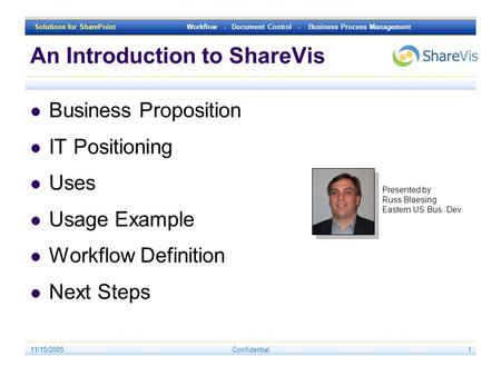 Solutions for SharePoint Workflow - Document Control - Business Process Management 11/15/2005Confidential1 An Introduction to ShareVis Business Proposition.