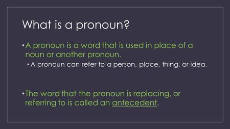 What is a pronoun? A pronoun is a word that is used in place of a noun or another pronoun. A pronoun can refer to a person, place, thing, or idea. The.