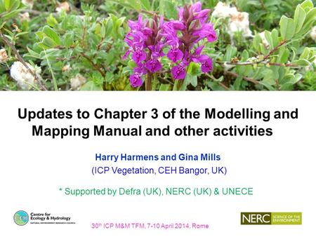 Updates to Chapter 3 of the Modelling and Mapping Manual and other activities Harry Harmens and Gina Mills (ICP Vegetation, CEH Bangor, UK) * Supported.