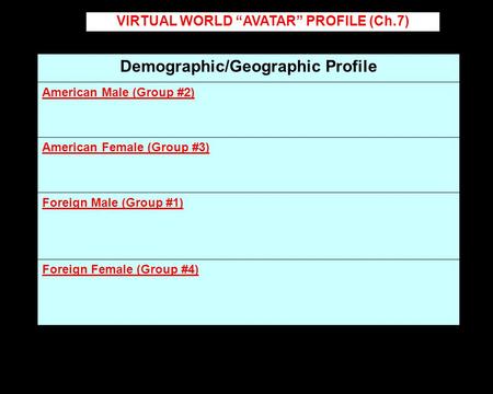 Demographic/Geographic Profile American Male (Group #2) American Female (Group #3) Foreign Male (Group #1) Foreign Female (Group #4) VIRTUAL WORLD “AVATAR”