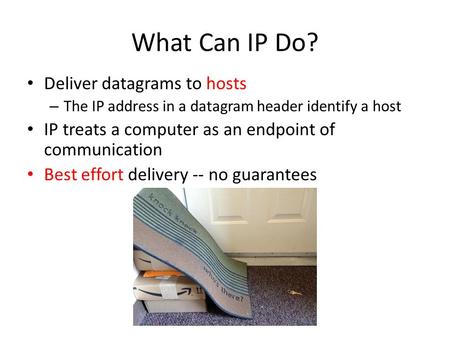 What Can IP Do? Deliver datagrams to hosts – The IP address in a datagram header identify a host IP treats a computer as an endpoint of communication Best.