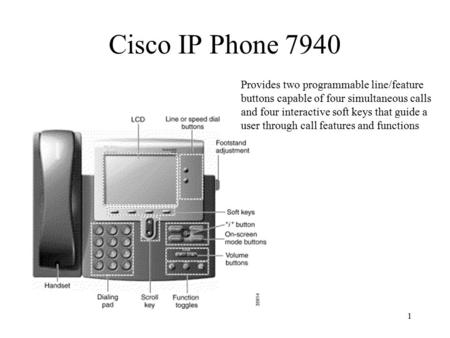 1 Cisco IP Phone 7940 Provides two programmable line/feature buttons capable of four simultaneous calls and four interactive soft keys that guide a user.