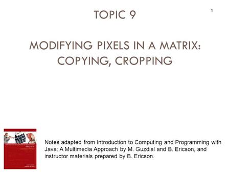 TOPIC 9 MODIFYING PIXELS IN A MATRIX: COPYING, CROPPING 1 Notes adapted from Introduction to Computing and Programming with Java: A Multimedia Approach.