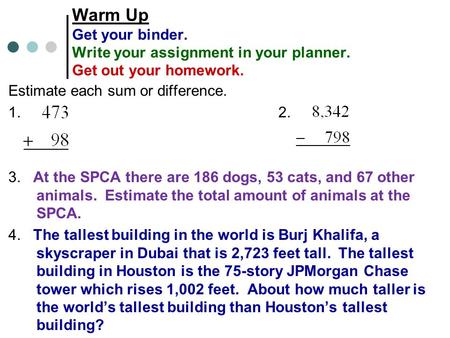 Warm Up Get your binder. Write your assignment in your planner. Get out your homework. Estimate each sum or difference. 1.2. 3. At the SPCA there are 186.