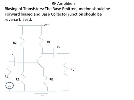 RF Amplifiers Biasing of Transistors: The Base Emitter junction should be Forward biased and Base Collector junction should be reverse biased. R2 R1 Rc.