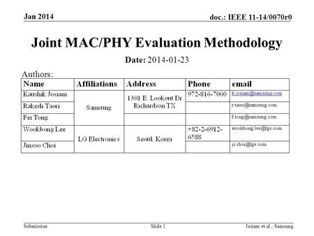Submission doc.: IEEE 11-14/0070r0 Jan 2014 Josiam et.al., SamsungSlide 1 Joint MAC/PHY Evaluation Methodology Date: 2014-01-23 Authors: