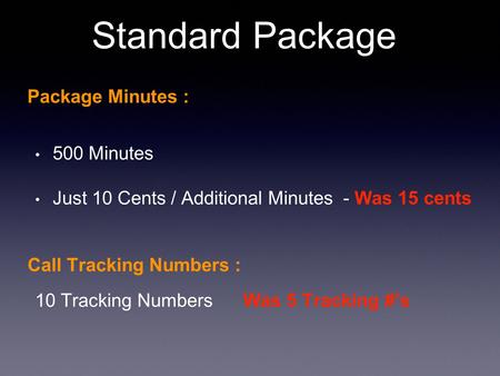Standard Package Package Minutes : 500 Minutes Just 10 Cents / Additional Minutes - Was 15 cents Call Tracking Numbers : 10 Tracking Numbers Was 5 Tracking.
