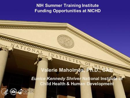 1 NIH Summer Training Institute Funding Opportunities at NICHD Valerie Maholmes, Ph.D., CAS Eunice Kennedy Shriver National Institute of Child Health &